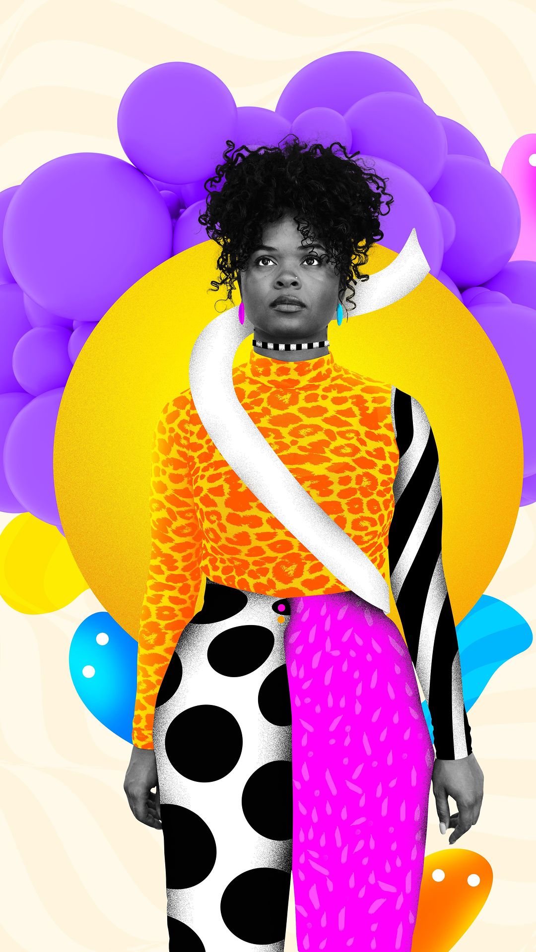 Artistic full shot of a stylish woman in a patterned outfit against a backdrop of balloons and bright colors in an indoor setting.
