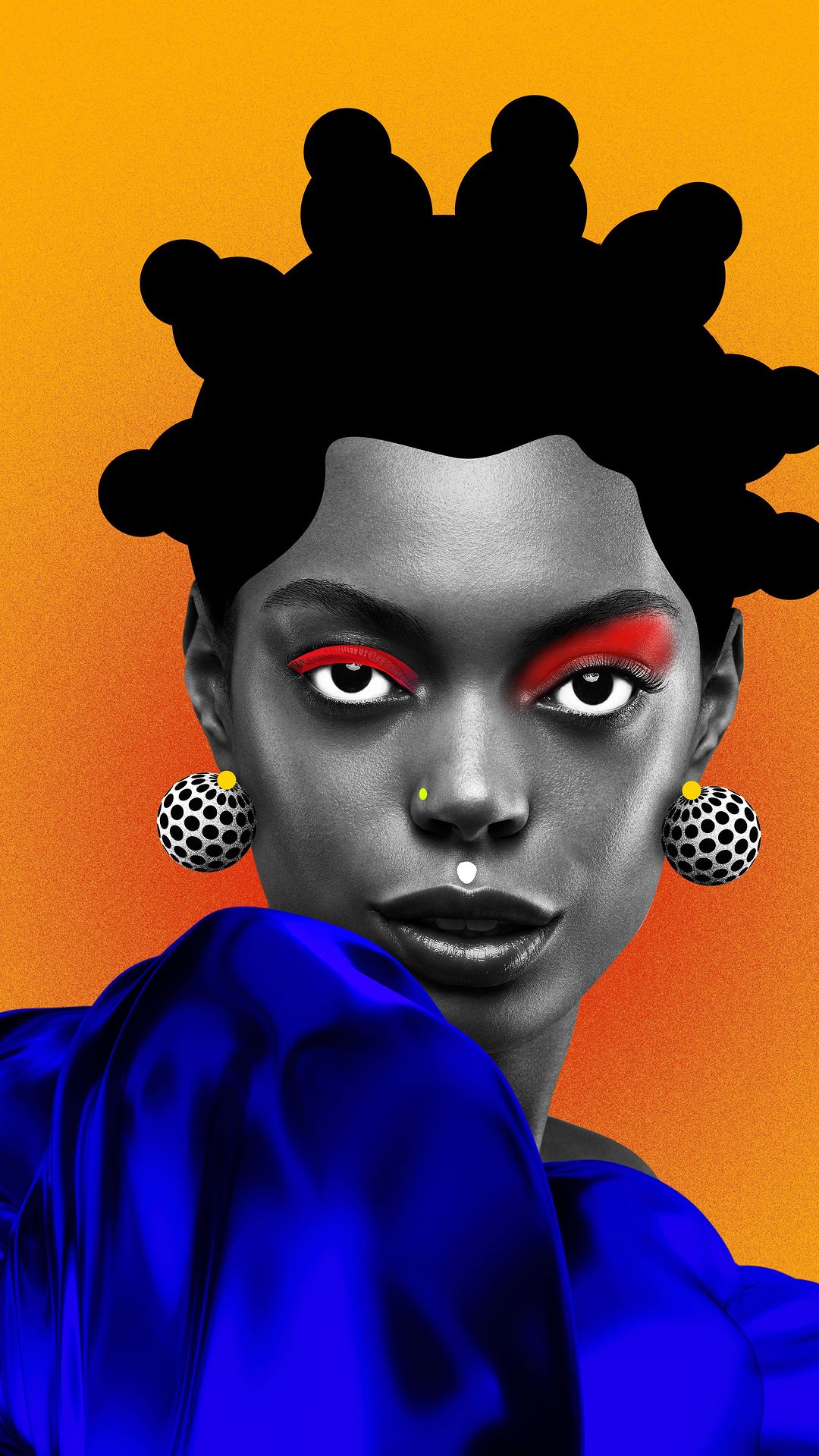 Illustration of a striking Black woman with an Afro hairstyle, red eye makeup, large spherical earrings, wearing a blue top against an orange background.
