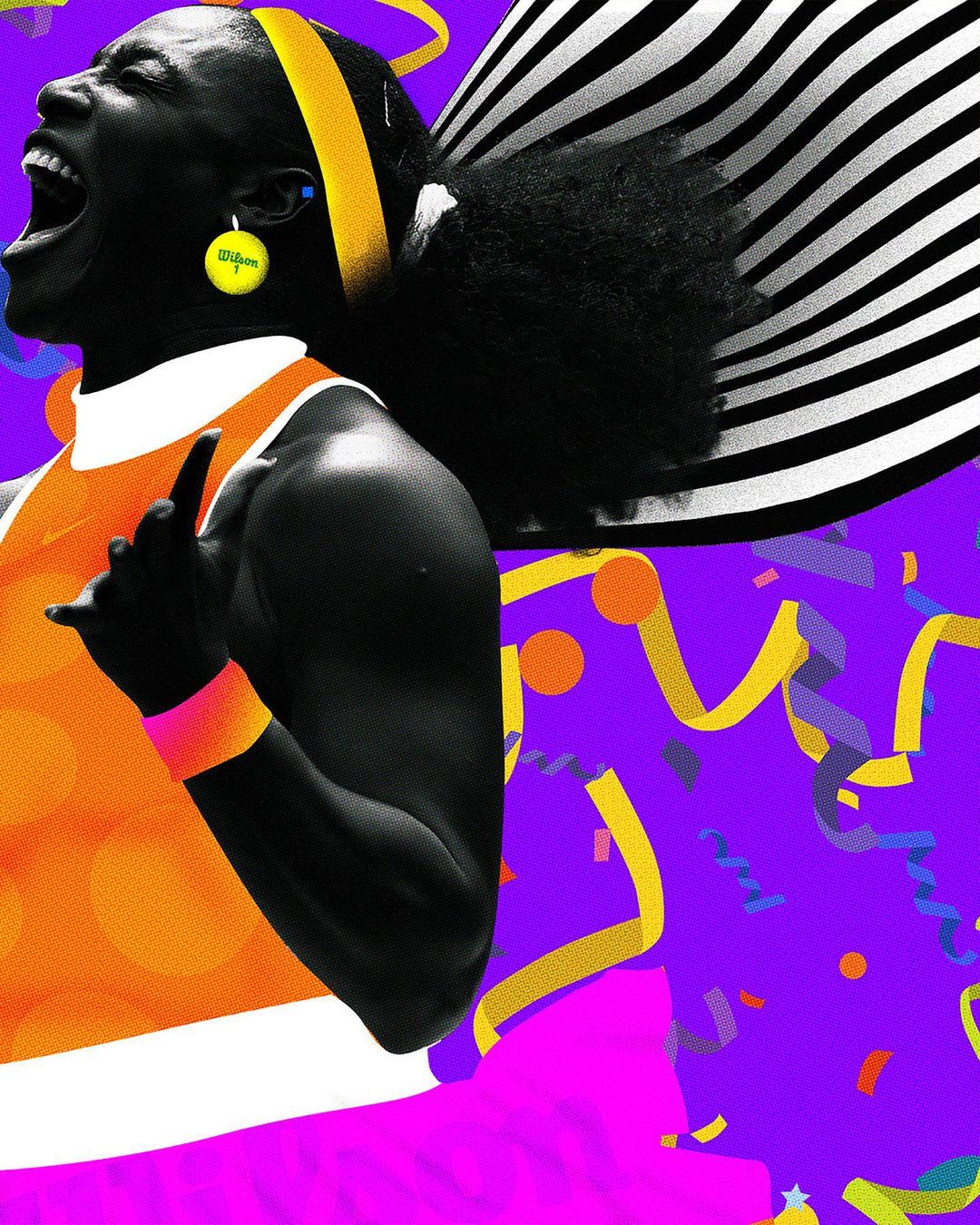 Dynamic illustration featuring an African American female athlete in mid-shout, with vibrant graphics and sporty elements against a purple backdrop.