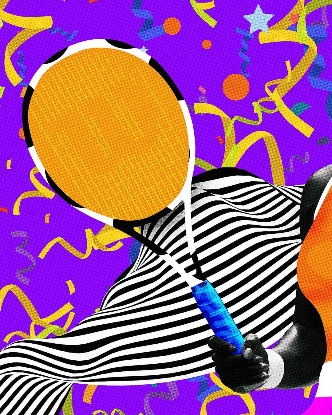Illustration of a tennis racket with an orange net and a black-and-white striped arm against a purple background with confetti.
