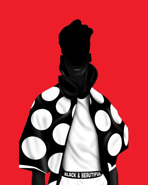 Stylized portrait of a person with obscured face wearing a black and white polka dot jacket against a red background. Art illustration.