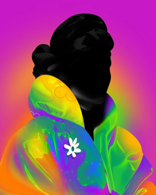 Illustration of a person with a black silhouette head and a brightly colored, sculptural jacket against a pink and orange gradient background.