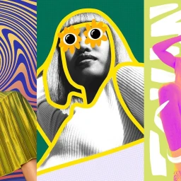 Vibrant digital illustration collage by Temi Coker featuring mixed media panels with a halftone portrait and bold yellow line art.