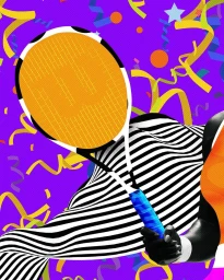 Vibrant digital illustration of a tennis player holding a racket against a purple background filled with confetti by Temi Coker