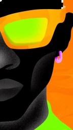 Close-up portrait illustration of a dark-skinned person wearing bright orange sunglasses and a pink hoop earring against an orange background