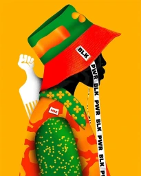 Digital illustration by Temi Coker of a person in profile wearing a bright red and green bucket hat against a solid yellow background