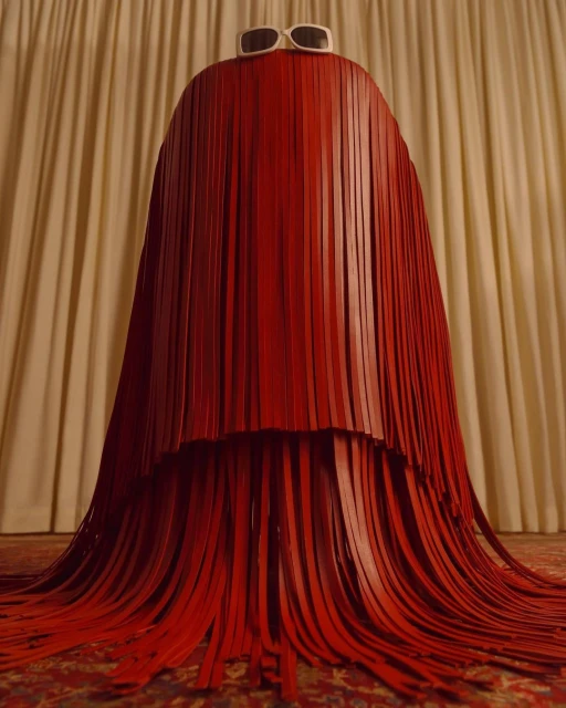 Abstract studio portrait of a figure draped in hanging red fringe, topped with white sunglasses, on an ornate patterned carpet.