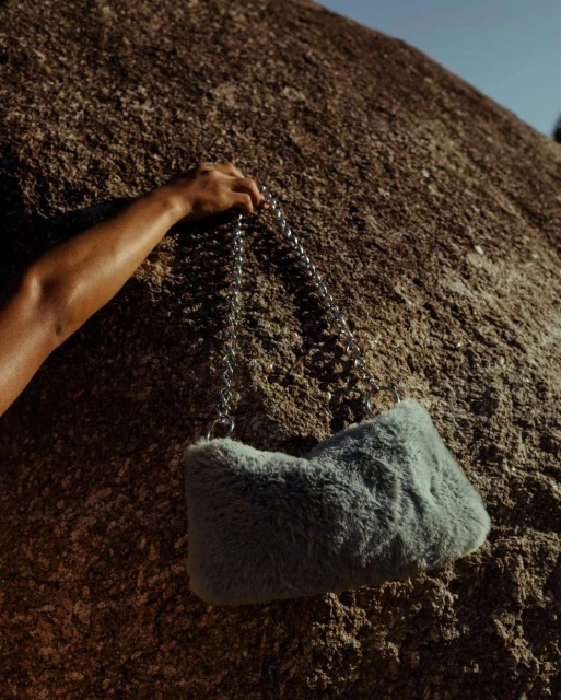 An arm holds a fur handbag with a silver chain strap over a large brown rock formation outdoors, lit by sunlight.