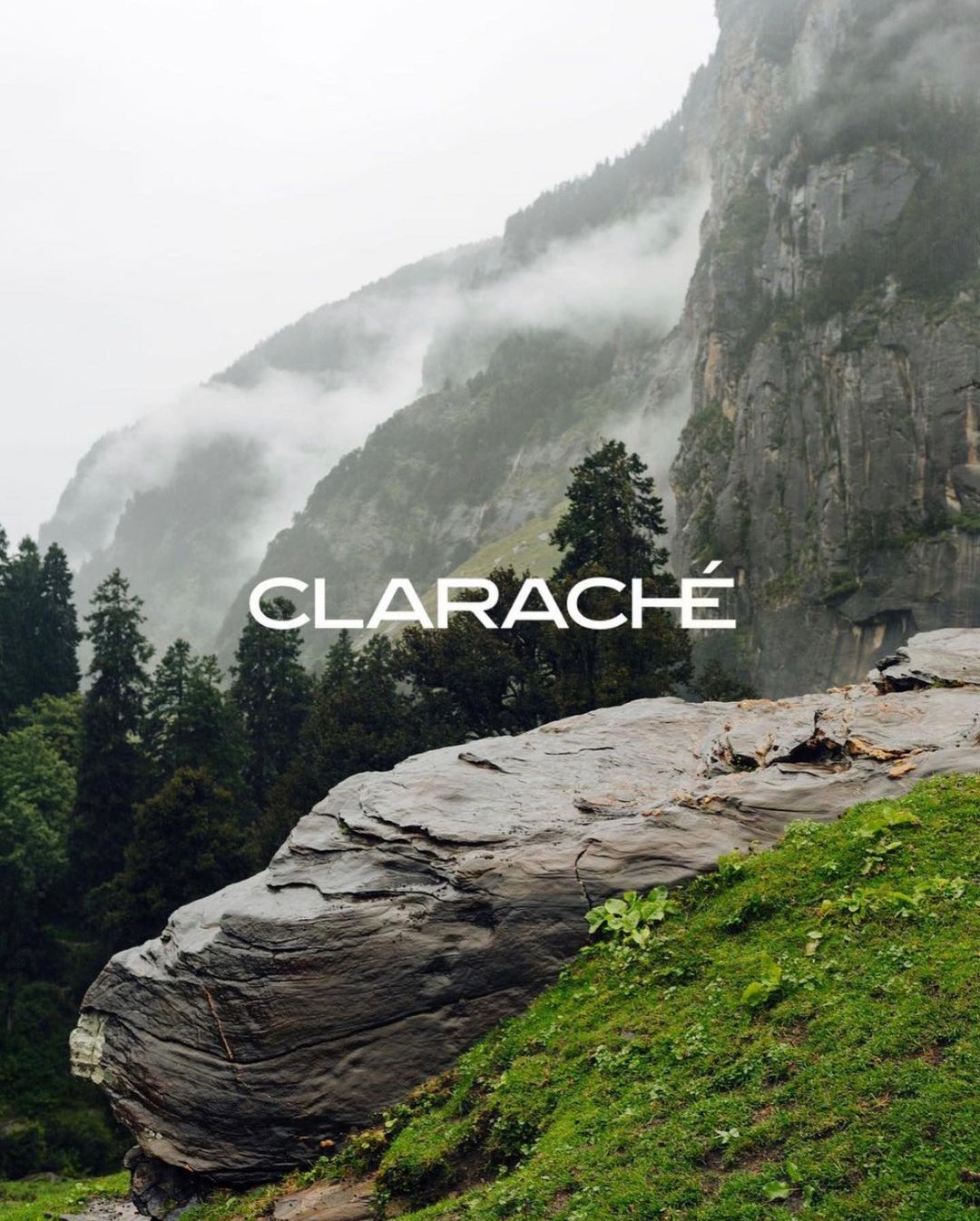 Lush mountain landscape featuring rugged rocks, green grass, evergreen trees, and mist-shrouded peaks under an overcast sky.