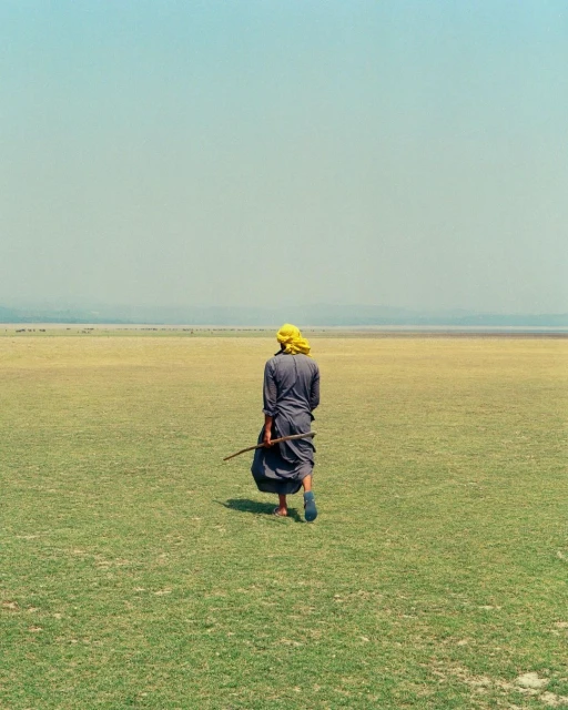 Person in headscarf walks through a grassy field toward a distant shore, with a hazy sky, carrying a long stick or branch.