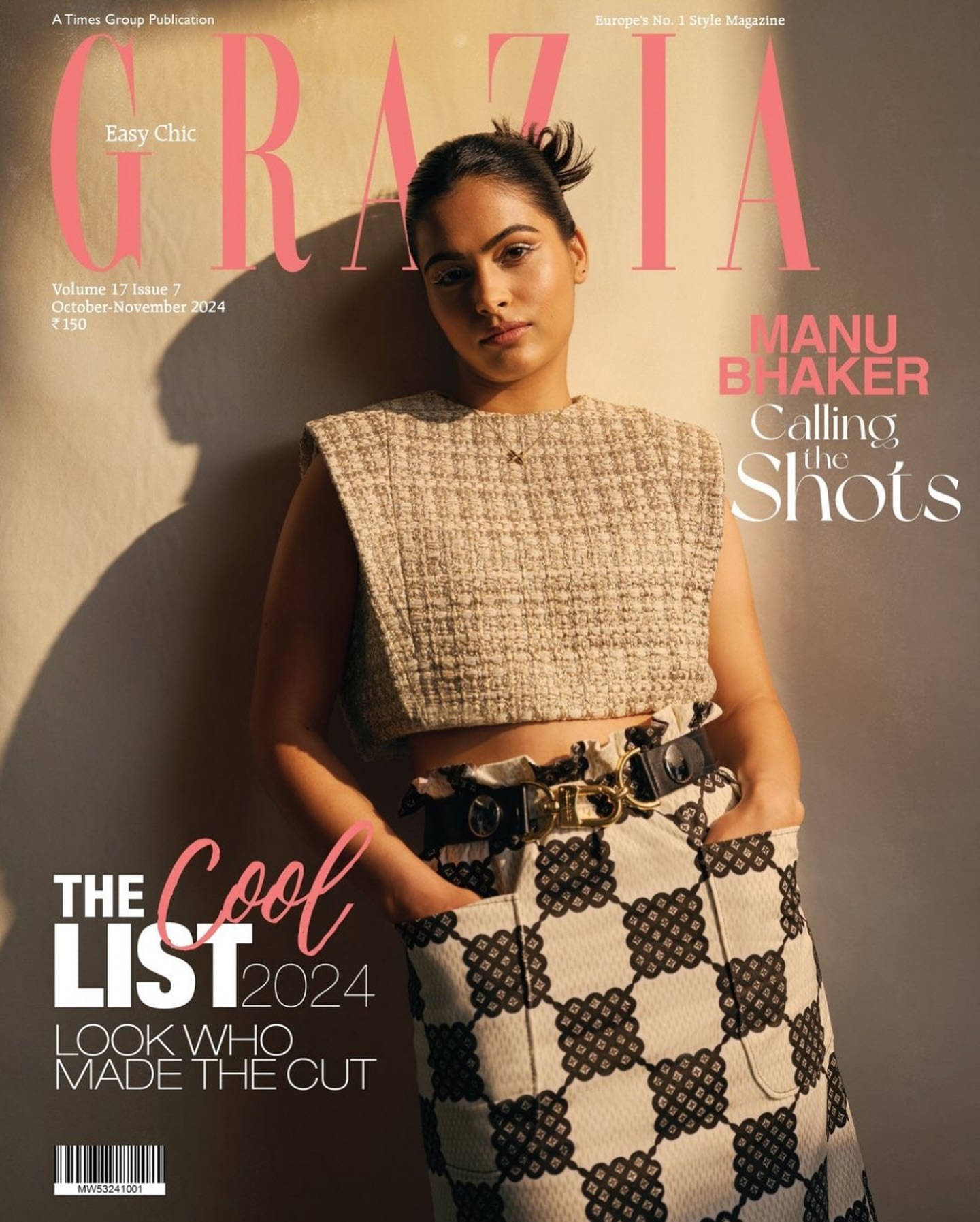 Magazine cover featuring Manu Bhaker in a textured crop top and patterned skirt with natural light and Grazia masthead.