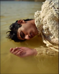 Man wearing a textured cream knit sweater lying in shallow yellow water by Tenzin Lhagyal