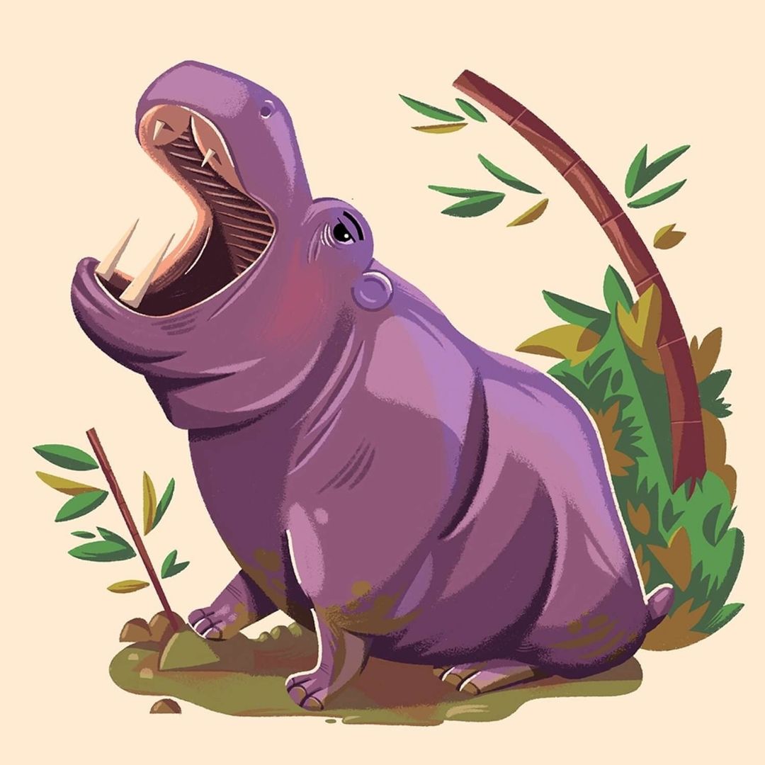 Illustration of a purple hippopotamus with its mouth open, sitting near a small plant and a bent palm tree in a whimsical, cartoon style.