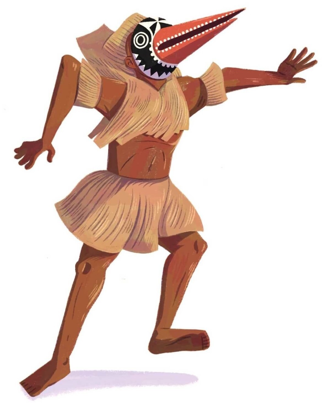 Illustration of a person wearing a fringed costume and a mask with a long beak, posing with outstretched arms against a white background.
