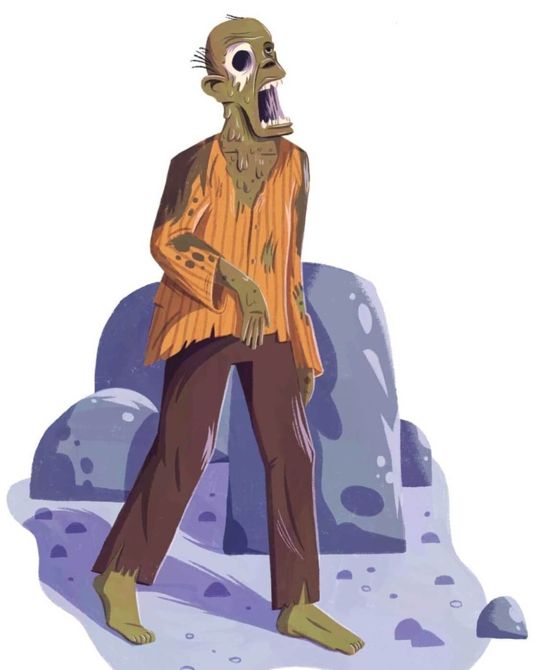 Illustration of a zombie with an open mouth walking in front of rocks on the ground, wearing a shirt and pants.