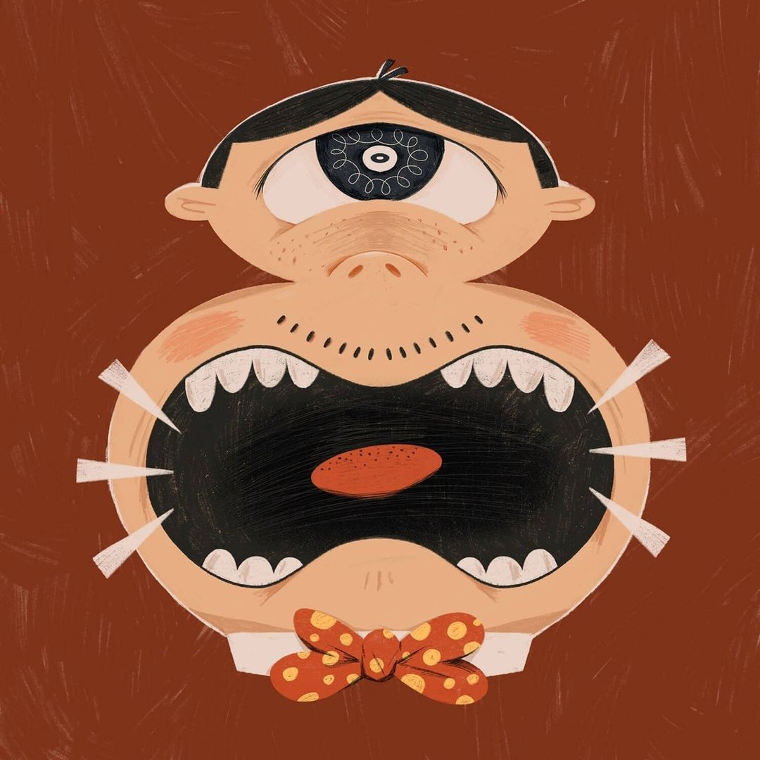Whimsical illustration of a cyclops-like character with a large eye, open mouth, and a bow tie against a brown background.