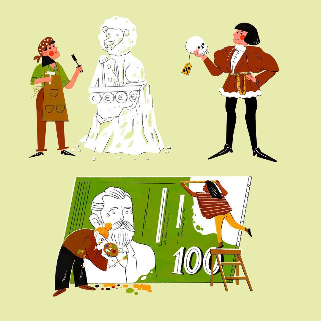 Digital illustration with four people: sculptor, renaissance man, painter, and restorer working on sculpture and currency-themed art.