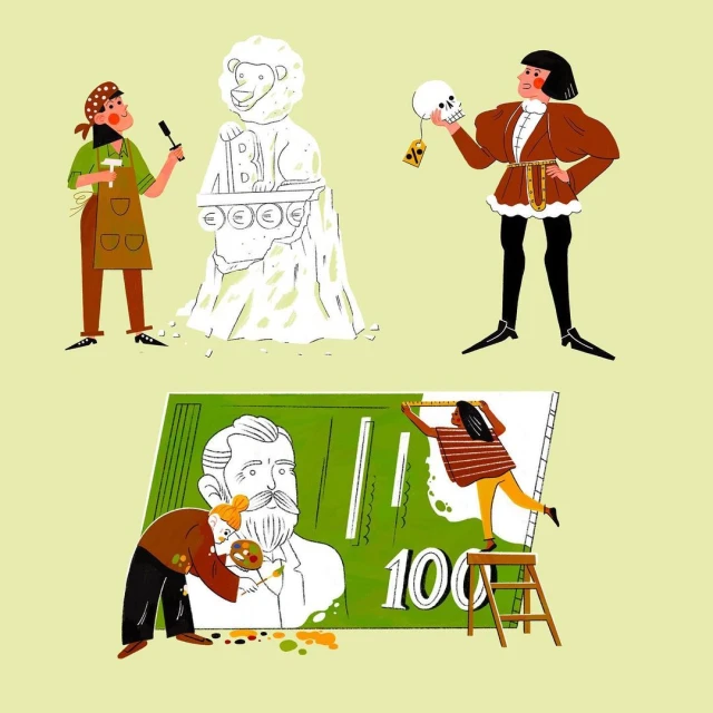 Digital illustration with four people: sculptor, renaissance man, painter, and restorer working on sculpture and currency-themed art.