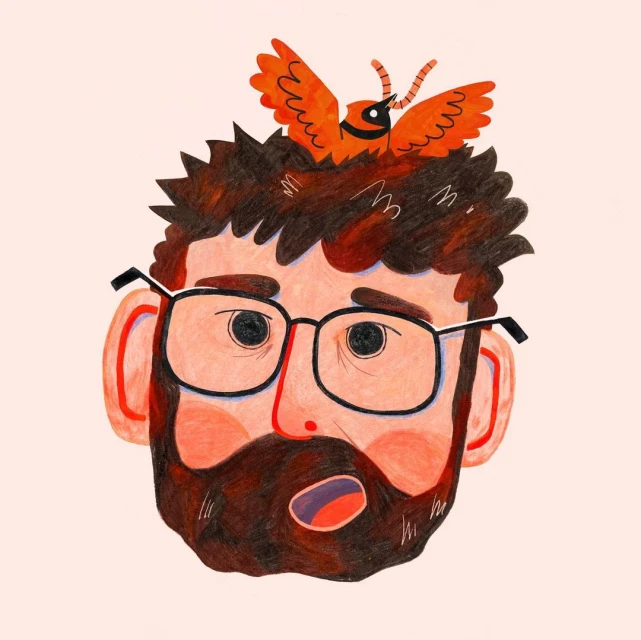 Illustration of a man's head with glasses and a beard, with a small orange bird perched on his head, set against a peach background.