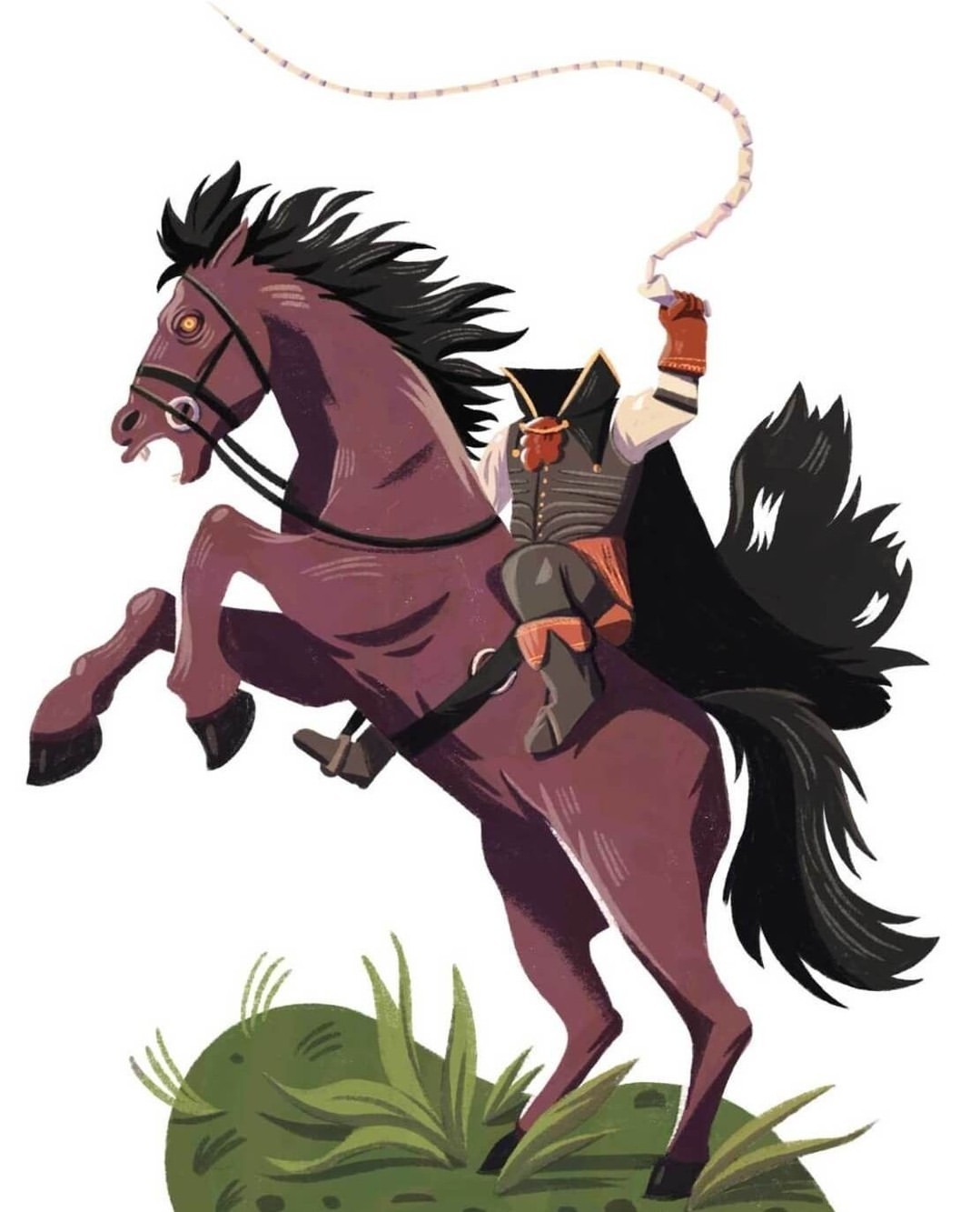 Illustration of a headless horseman riding a rearing horse, wielding a whip, with a green grassy base against a white background.