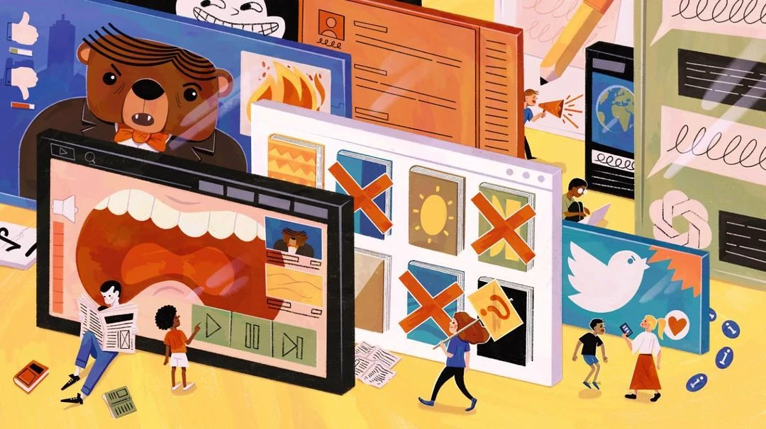 Digital illustration shows social media censorship with people near oversized screens depicting online content and blocked access in an editorial style.