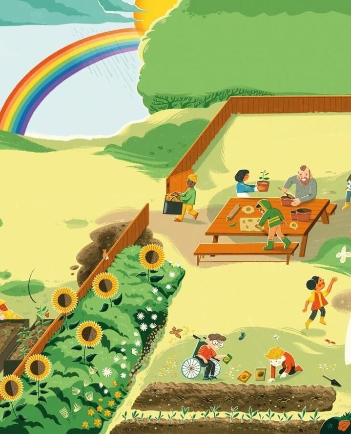 Illustration of a diverse group of people tending to a vegetable garden and picnic area in a sunny backyard with a rainbow overhead.