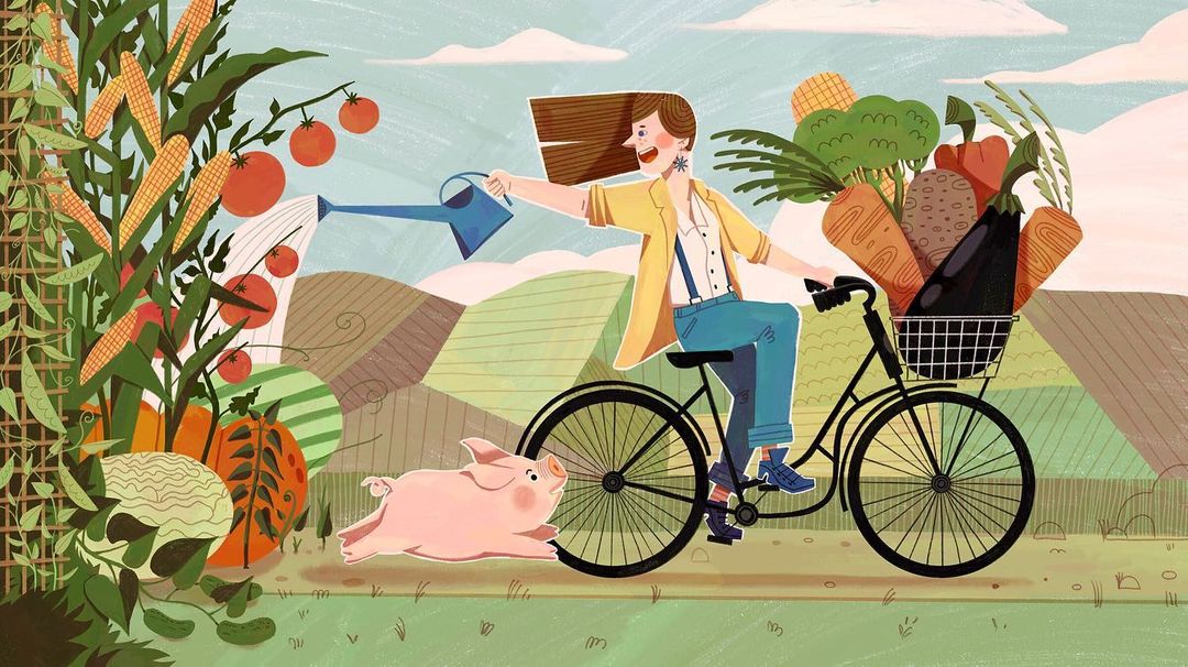 Illustration of a woman riding a bicycle with a basket full of produce, watering plants, and a pig running alongside on a farm.