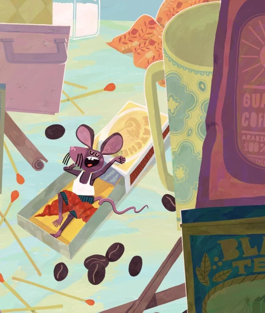 Whimsical illustration featuring a cartoon mouse sunbathing in a matchbox, surrounded by coffee beans and matches, on a patterned surface.