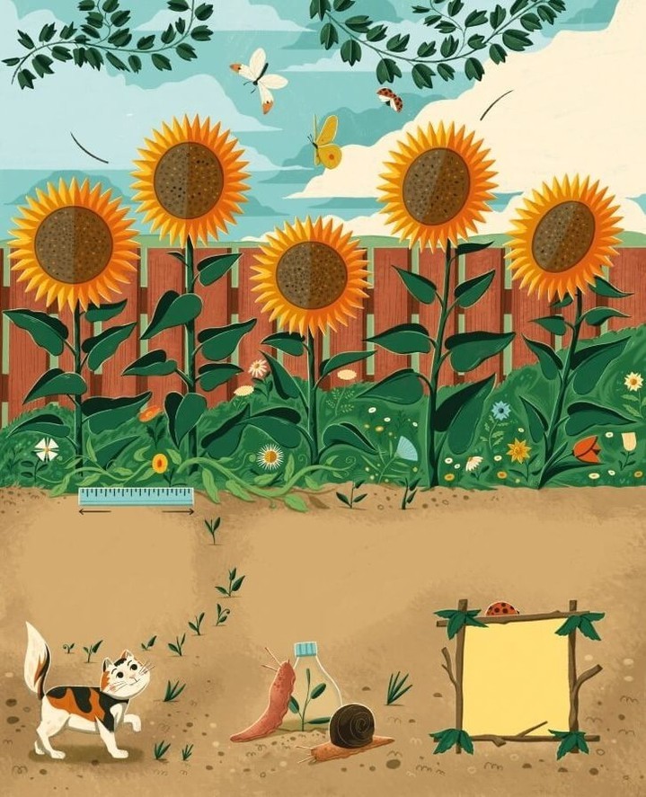 Illustration of a cat walking in a garden with sunflowers, a wooden fence, butterflies, and garden pests on a sunny day.