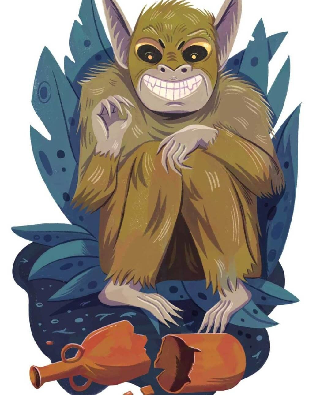 Illustration of a cartoonish creature with sharp teeth sitting in front of lush foliage and the shards of a broken terracotta vase.
