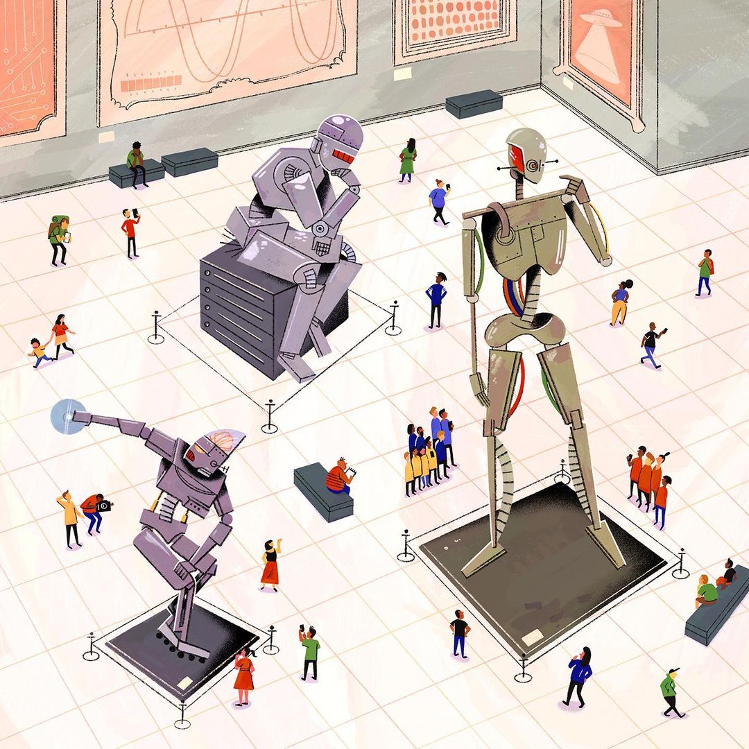 Illustration of robots displayed as art in a museum setting, with a diverse crowd of people viewing the exhibits.