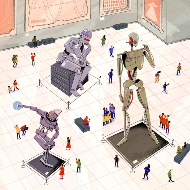Illustration of robots displayed as art in a museum setting, with a diverse crowd of people viewing the exhibits.