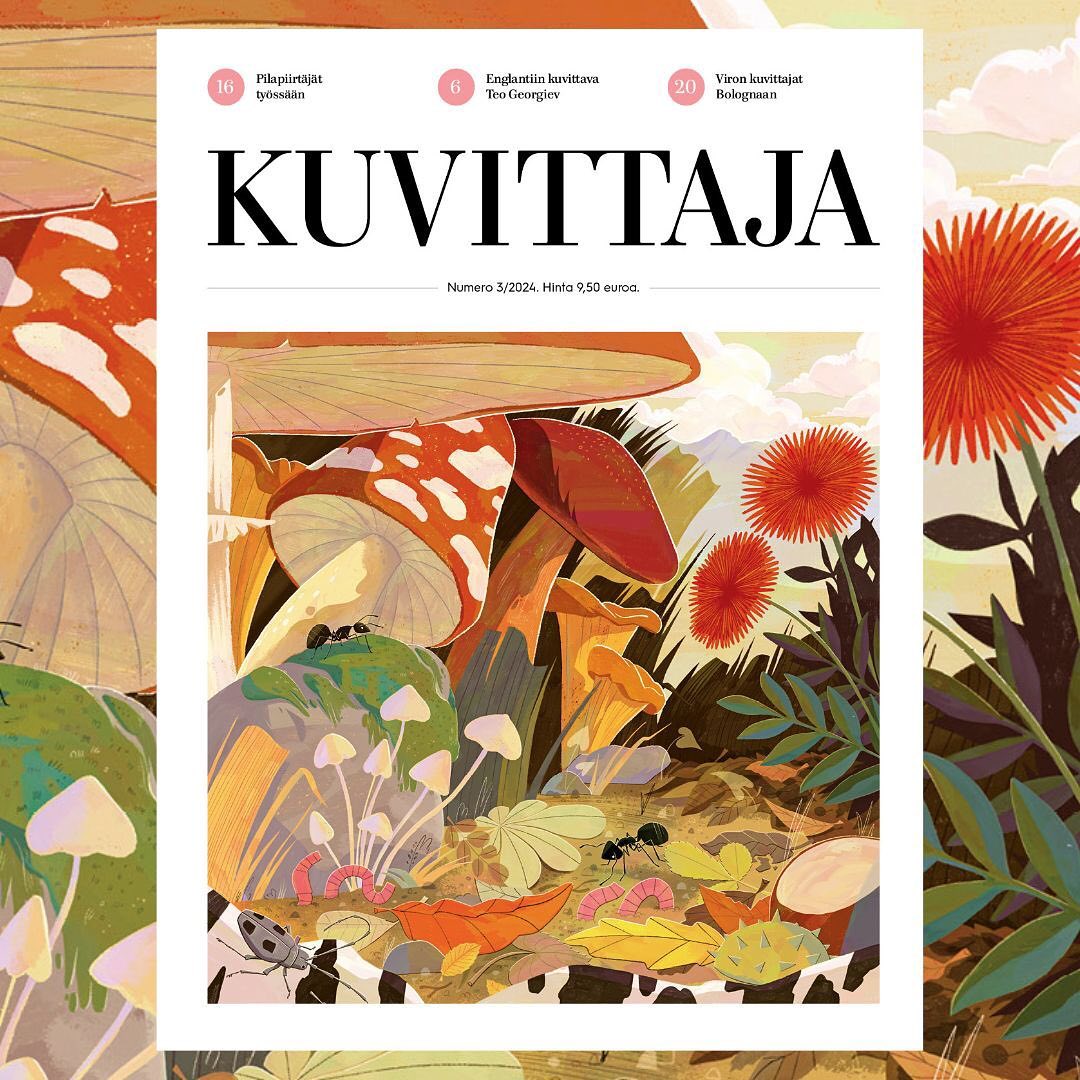 Magazine cover art features vibrant mushroom illustration with insects, leaves, and dandelions in warm earth tones, set against a soft sky.