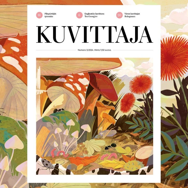 Magazine cover art features vibrant mushroom illustration with insects, leaves, and dandelions in warm earth tones, set against a soft sky.