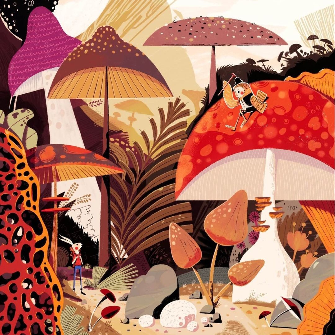 Vibrant illustration of children exploring a whimsical mushroom forest with oversized fungi, lush foliage, and playful color palettes.