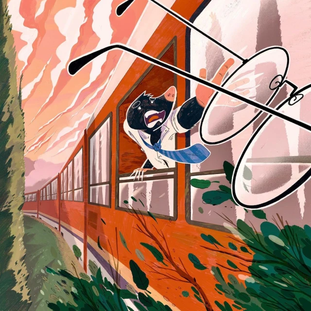 Illustration of anthropomorphic mole character waving out of a train window; sky in the background, trees on the side.