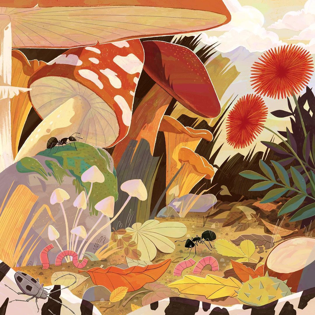 Illustration of a fantastical forest floor with mushrooms, leaves, insects, and worms, featuring warm colors and detailed textures.