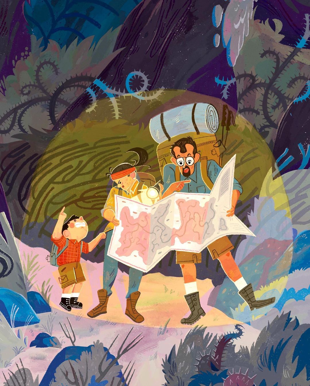 Illustration of a family of three on a hike in a fantasy forest. The father holds a map, the mother has a flashlight, and the son points up.