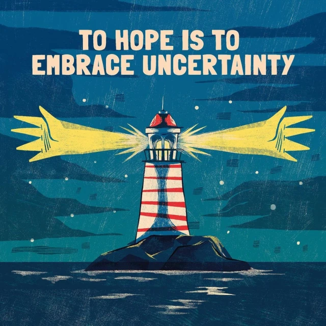 An illustration of a lighthouse on a rocky island emitting beams of light that turn into outstretched hands in a nighttime ocean scene.