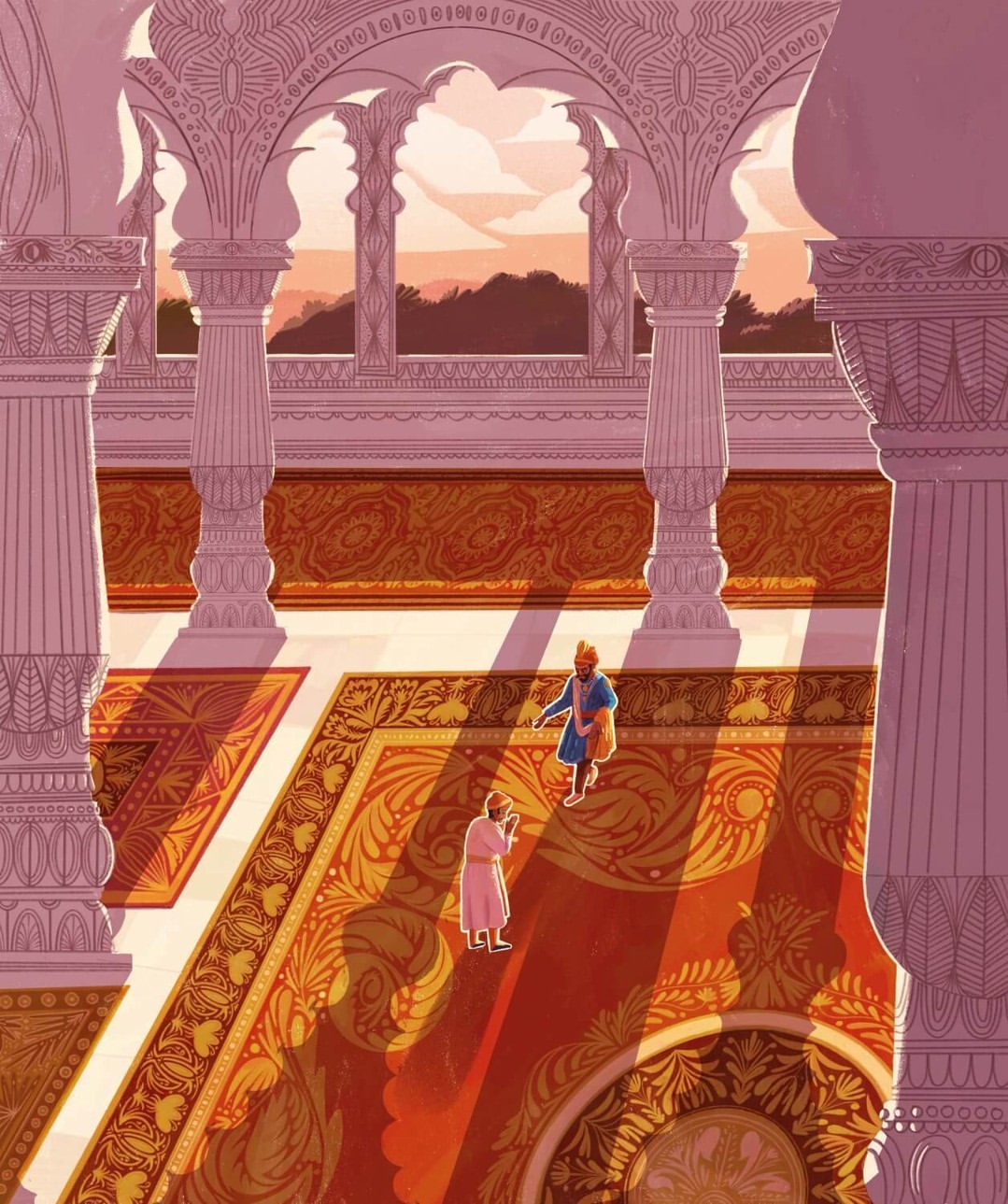 Illustration of two men in traditional clothing inside a building with arched openings and an ornate rug, with a pink and orange sky visible.
