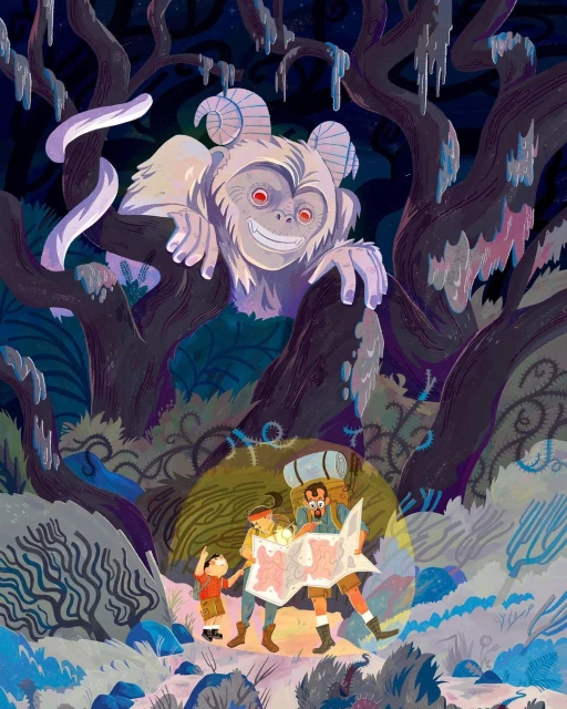 Illustration of a family looking at a map in a forest, with a monster lurking in the trees above, adding a sense of wonder and danger.