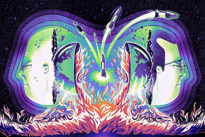 Illustration depicting two stylized male faces split to reveal rocket launches, set against a cosmic backdrop with vibrant colors and textures.