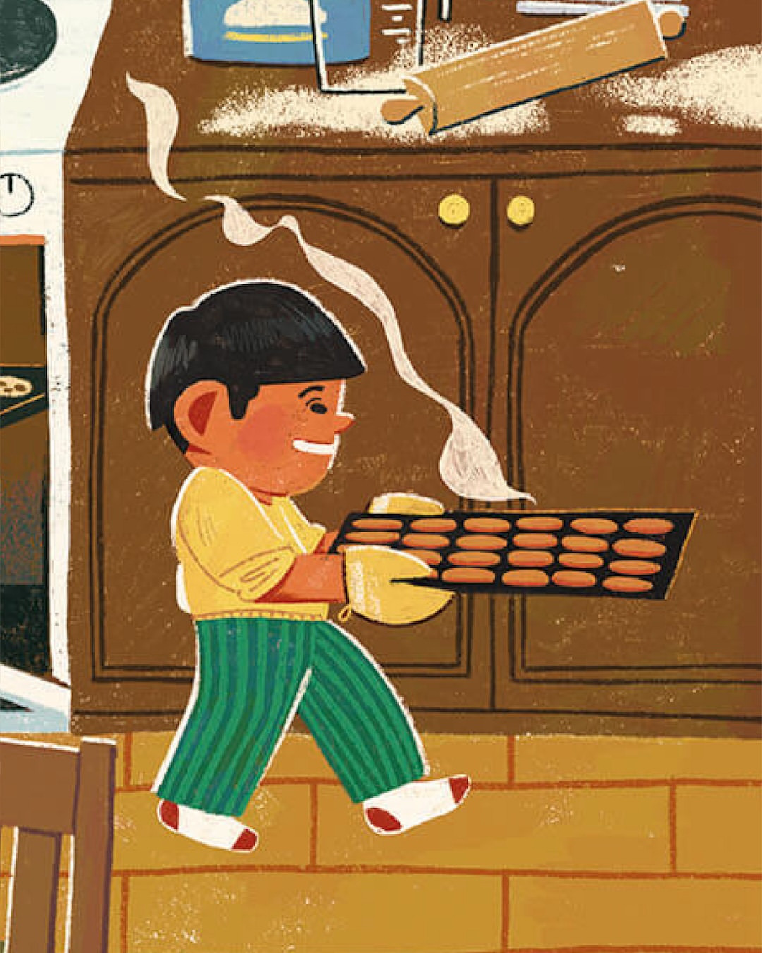 Illustration of a smiling child walking with a tray of baked goods in the kitchen, with visible oven, baking supplies, and steam.
