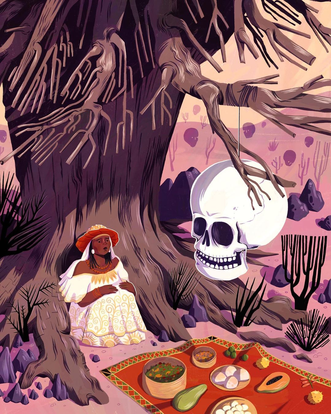 Illustration of a woman seated beneath a tree next to a blanket with food and a human skull hanging from a tree branch in a desert.