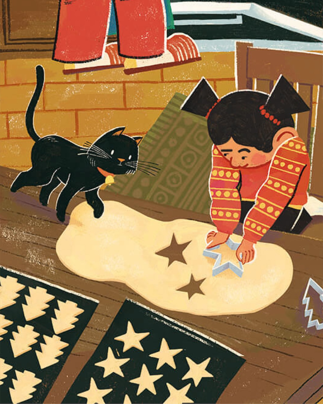Illustration of a young girl using star-shaped cookie cutters on dough, with a black cat nearby, and Christmas cookies on baking sheets.