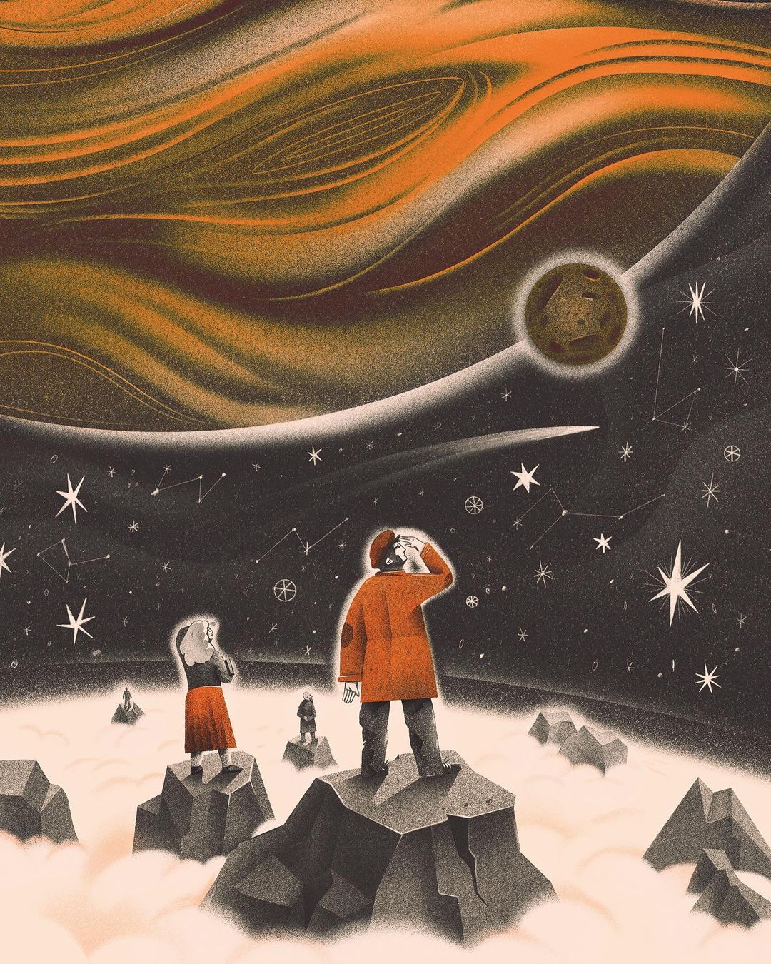 Illustration of people standing on rock formations observing a planet and a starry sky with orange clouds overhead.