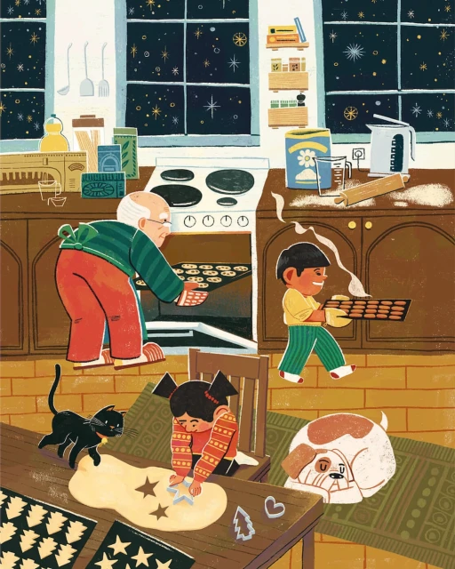 Illustration of a family baking cookies in a cozy kitchen at night, featuring an elderly man, two children, a cat, and a dog.