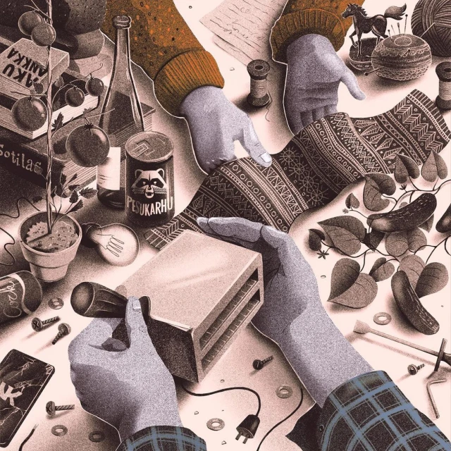 Illustration of two pairs of hands working on a patterned fabric, surrounded by crafting supplies, books, and various small objects.