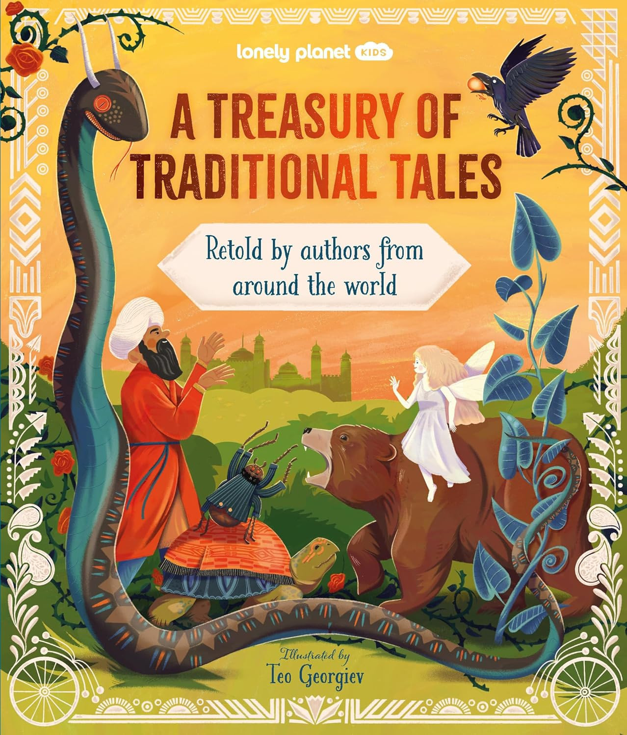 Illustrated book cover for 'A Treasury of Traditional Tales' featuring a snake, beetle, man, turtle, fairy, bear, bird, and palace.