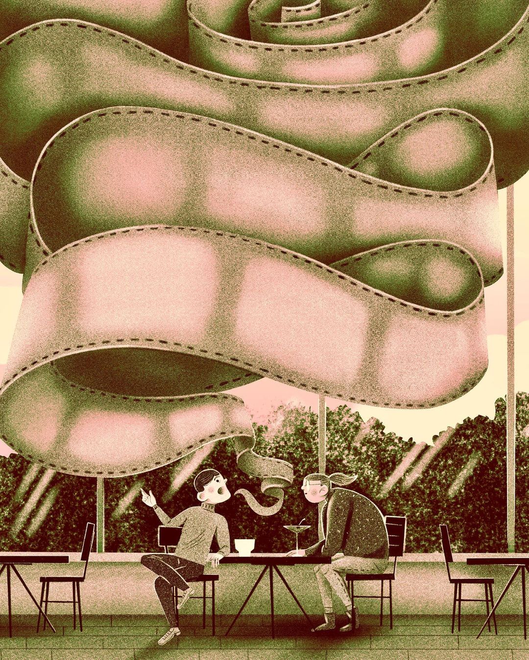 Illustration of two people at an outdoor cafe table under a film reel awning, enjoying drinks in a whimsical, stylized setting with warm tones.